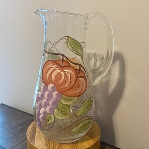 Vintage crackle glass pitcher with painted fruit